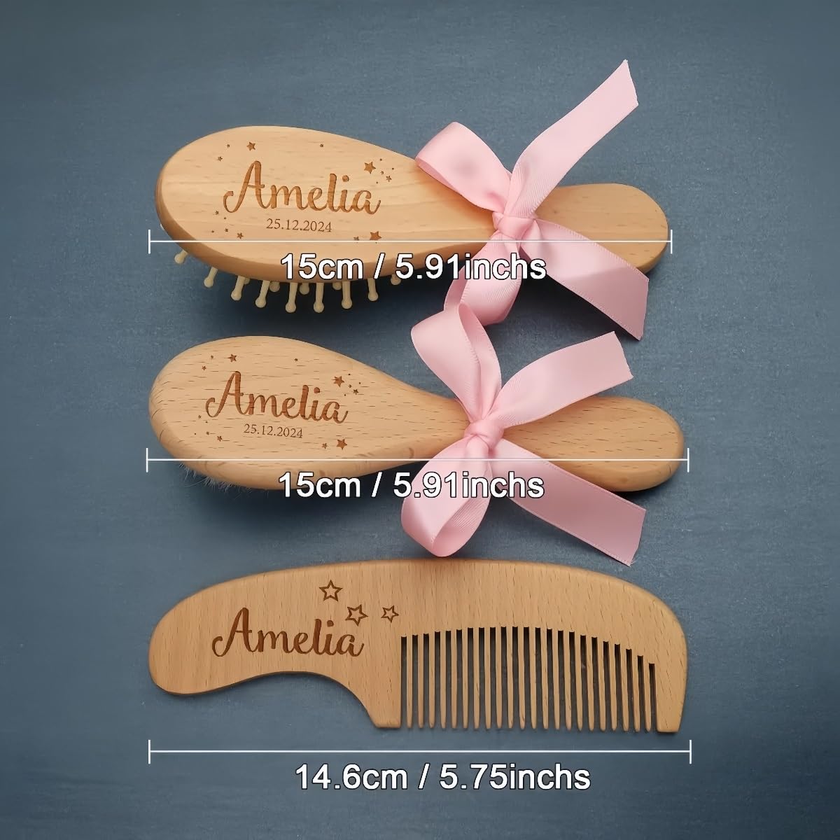 HDLOVE Spazzola for Capelli Personalizzata for Neonati, Pettine in Legno Personalizzato con Incisione di Nome E Icona, Setole Naturali for Cuoio Capelluto Delicato, Regalo Ricordo for Battesimo