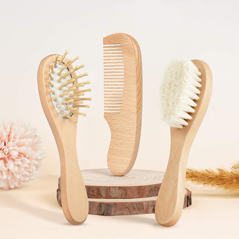 Aolso Spazzola Per Capelli Per Neonati, 3 pezzi Spazzola di Capelli del Bambino e in Legno Pettine, Spazzola di Lana, Pettini per Bebè Set, per Bambini per il Bagnetto del Bambino