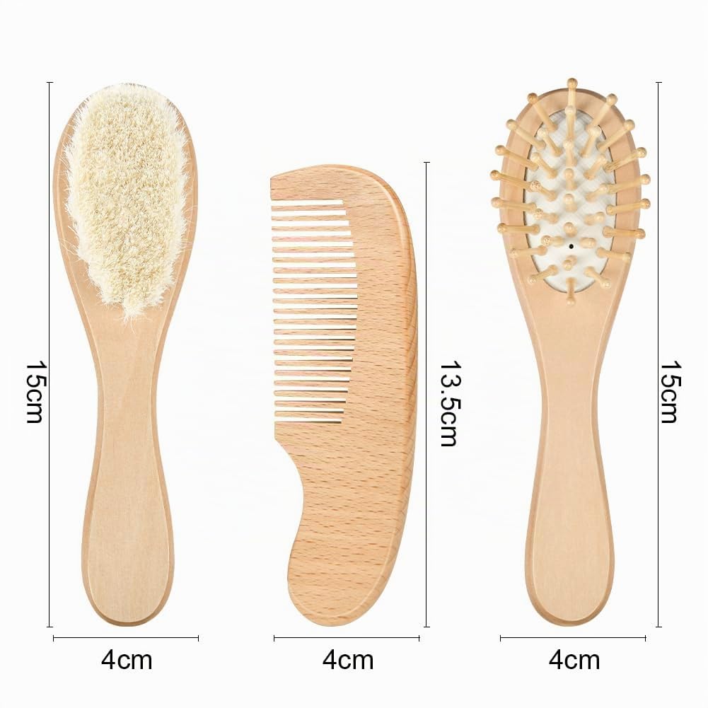 Aolso Spazzola Per Capelli Per Neonati, 3 pezzi Spazzola di Capelli del Bambino e in Legno Pettine, Spazzola di Lana, Pettini per Bebè Set, per Bambini per il Bagnetto del Bambino