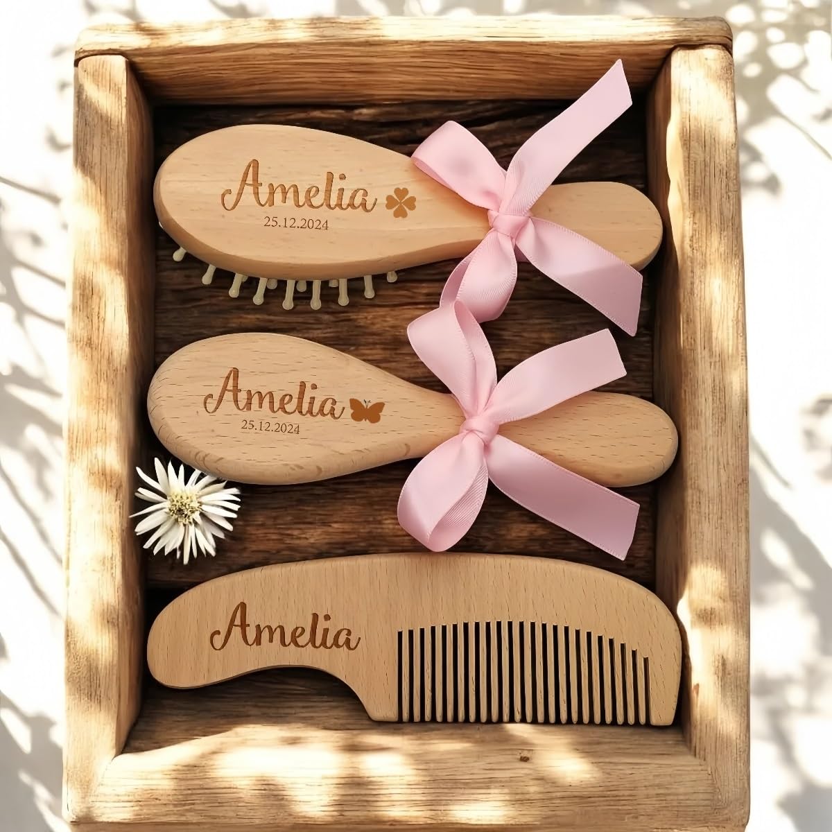 HDLOVE Spazzola for Capelli Personalizzata for Neonati, Pettine in Legno Personalizzato con Incisione di Nome E Icona, Setole Naturali for Cuoio Capelluto Delicato, Regalo Ricordo for Battesimo
