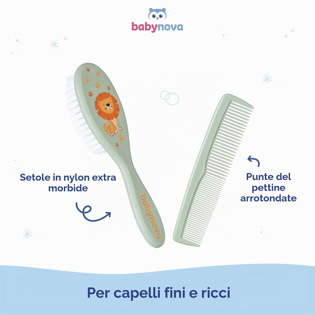 babynova Set Pettine & Spazzola – Set Cura dei Capelli con Setole in Nylon Naturale Ultra Morbide per Bambini & Neonati – Cura Delicata per Cuti Sensibili – Senza BPA – Verde leone