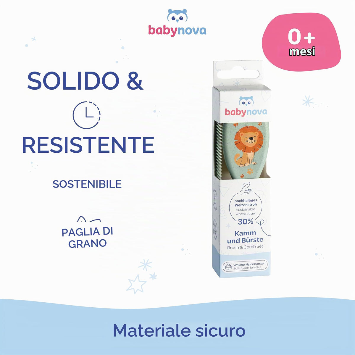 babynova Set Pettine & Spazzola – Set Cura dei Capelli con Setole in Nylon Naturale Ultra Morbide per Bambini & Neonati – Cura Delicata per Cuti Sensibili – Senza BPA – Verde leone